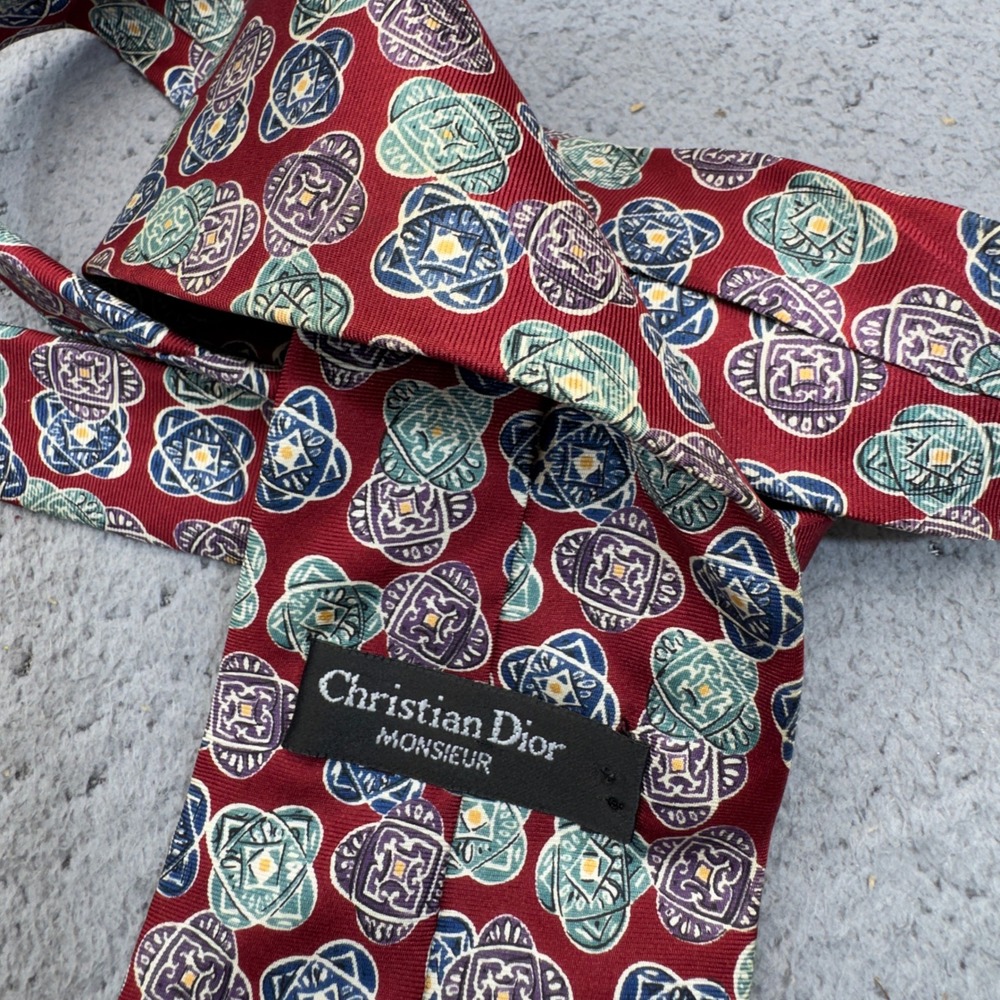 Vintage Christian Dior Silk Tie Mens Red Blue Medallion Neat USA Designer